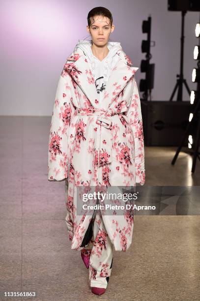 Model walks the runway at the Brognano show at Milan Fashion Week Autumn/Winter 2019/20 on February 23, 2019 in Milan, Italy.