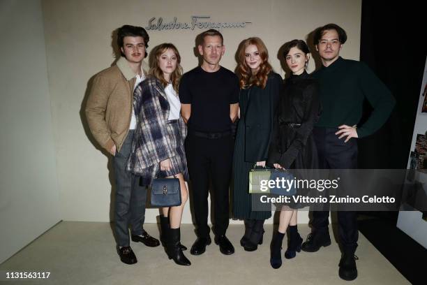 Joe Keery, Maika Monroe, Paul Andrew, Abigail Cowen, Natalia Daier and Charlie Heaton attend the Salvatore Ferragamo show during Milan Fashion Week...