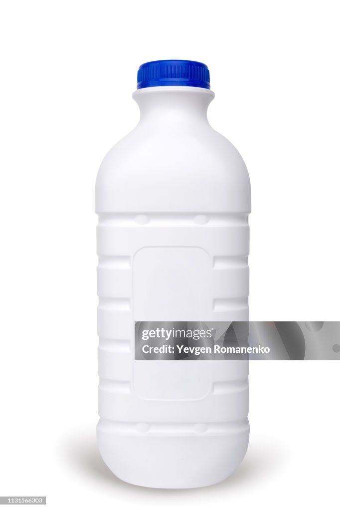 White plastic milk bottle isolated on white background