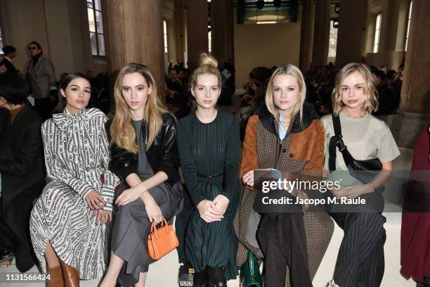 Olivia Culpo, Suki Waterhouse, Lottie Moss, Gabriella Wilde and Lady Amelia Windsor attend the Salvatore Ferragamo show during Milan Fashion Week...