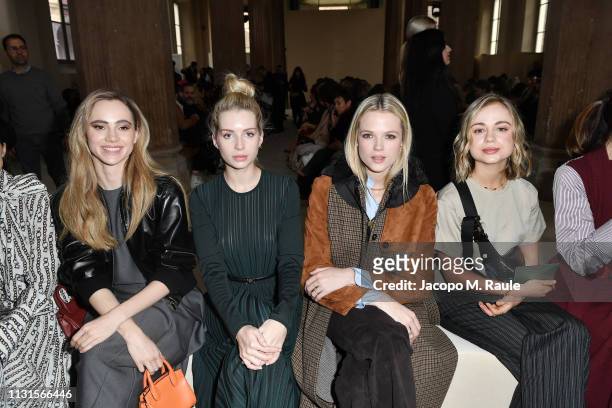 Suki Waterhouse, Lottie Moss, Gabriella Wilde and Lady Amelia Windsor attend the Salvatore Ferragamo show during Milan Fashion Week Autumn/Winter...