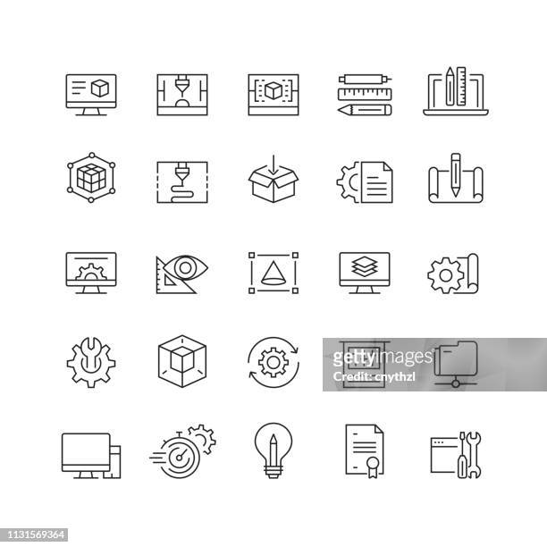 3d printing and modeling related vector line icons - manufacturing equipment stock illustrations