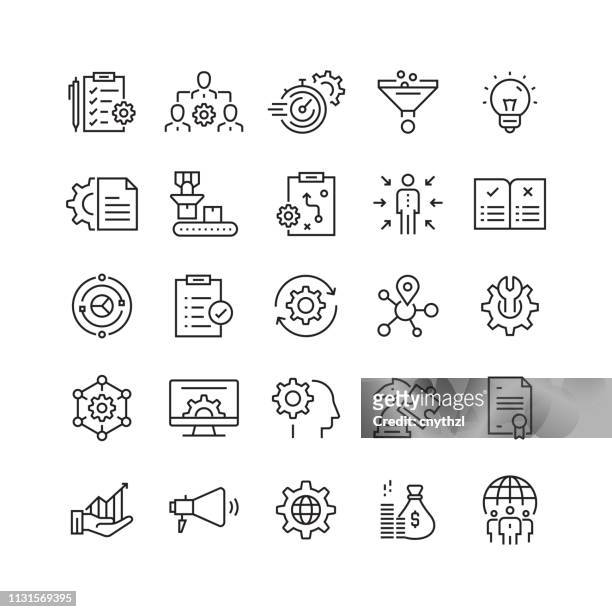 product management related vector line icons - built structure stock illustrations