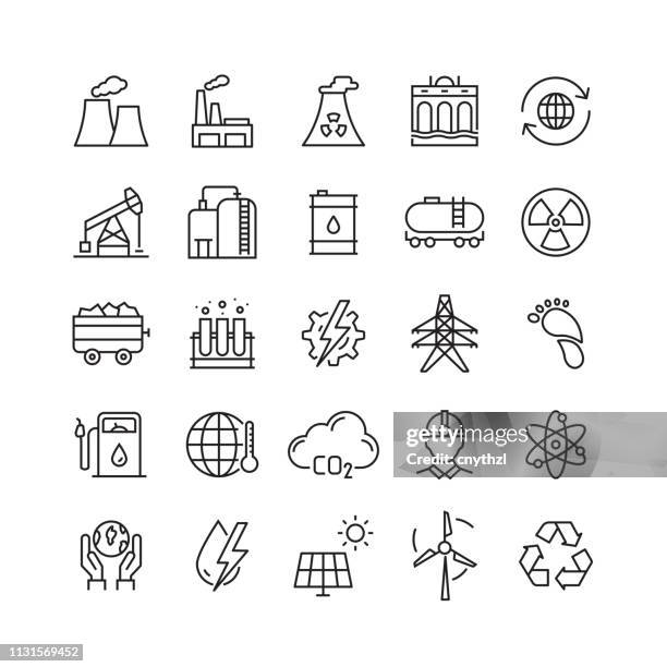 heavy and power industry related vector line icons - nuclear power station stock illustrations