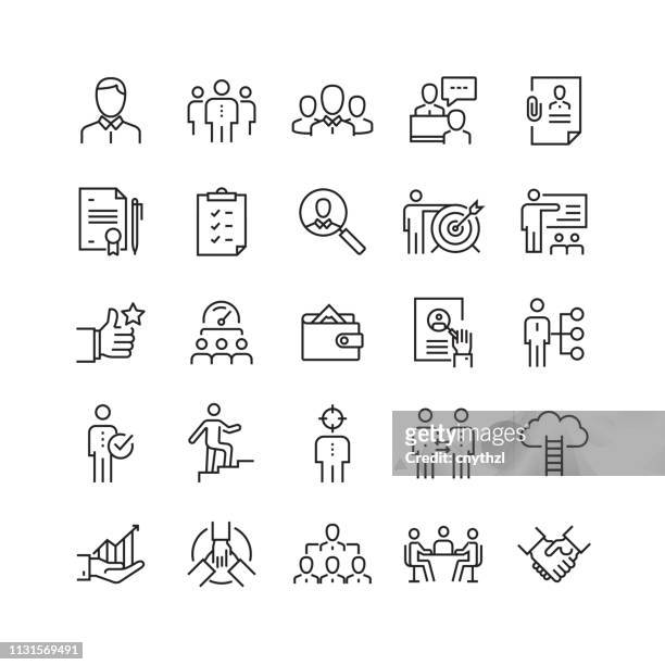personelle ressourcen und rekrutierung verwandter vector line icons - aufführung stock-grafiken, -clipart, -cartoons und -symbole