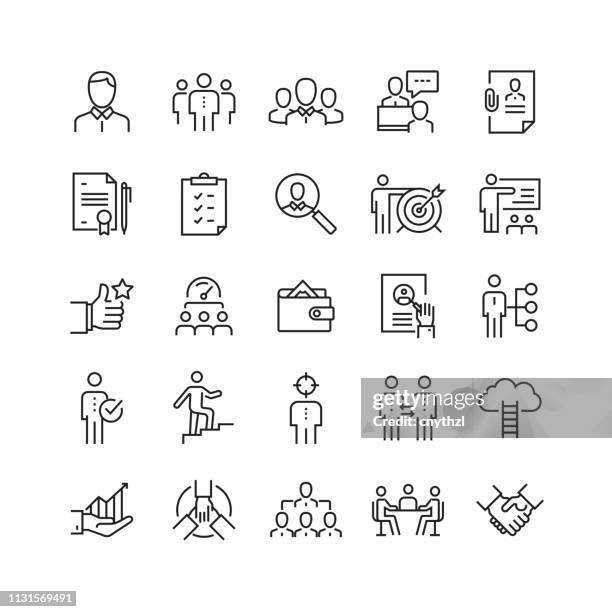 human resources and recruitment related vector line icons - employee performance stock illustrations