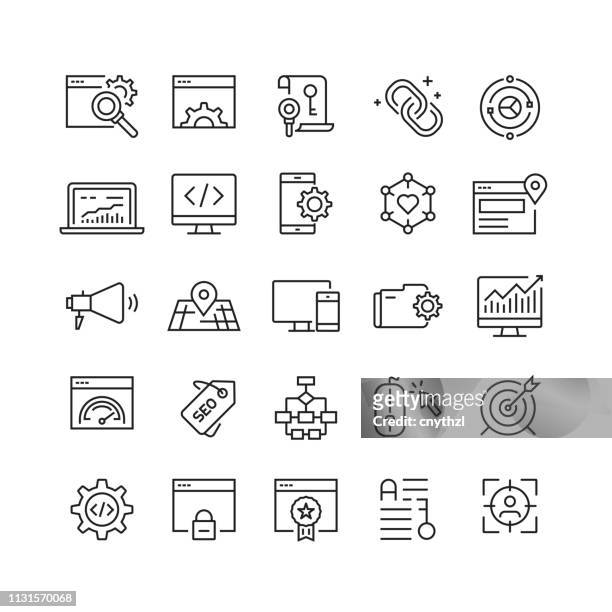illustrazioni stock, clip art, cartoni animati e icone di tendenza di icone delle linee vettoriali correlate all'ottimizzazione dei motori di ricerca - linguaggio informatico