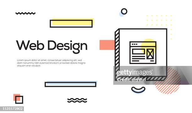 web design concept. geometric retro style banner and poster concept with web design icon - ipad on table stock illustrations