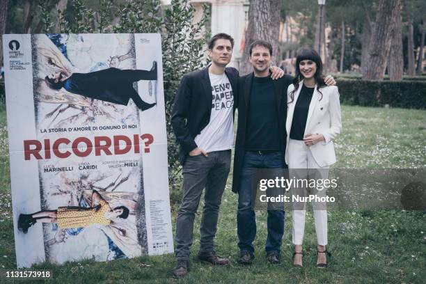 The actors Linda Caridi, Luca Marinelli, and the director Valerio Mieli attend the photocall of the movie 'Ricordi?' at the Casa del Cinema in Rome