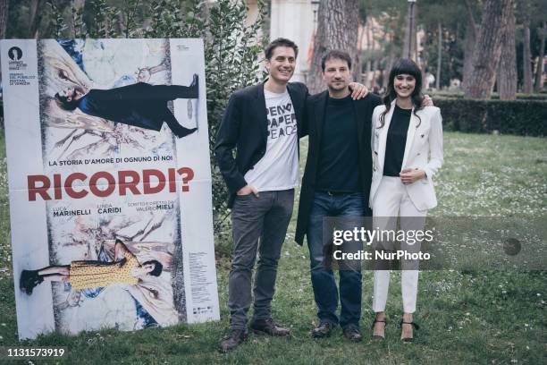 The actors Linda Caridi, Luca Marinelli, and the director Valerio Mieli attend the photocall of the movie 'Ricordi?' at the Casa del Cinema in Rome