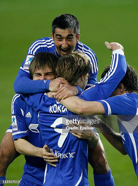 Alexander Samedov of FC Dynamo Moscow celebrates after scoring a goal during the Russian Football League Championship match between FC Dynamo and FC...