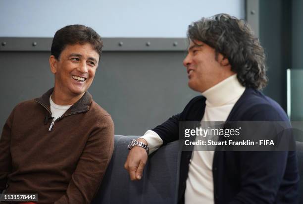 Legends Bebeto of Brazil and Fernando Couto of Portugal talk during an interview prior to the official draw on February 23, 2019 in Gdynia, Poland.