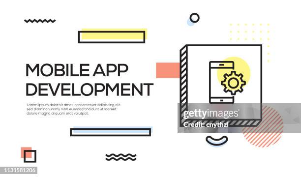 mobile app development concept. geometric retro style banner and poster concept with mobile app development icon - software engineer colorful stock illustrations