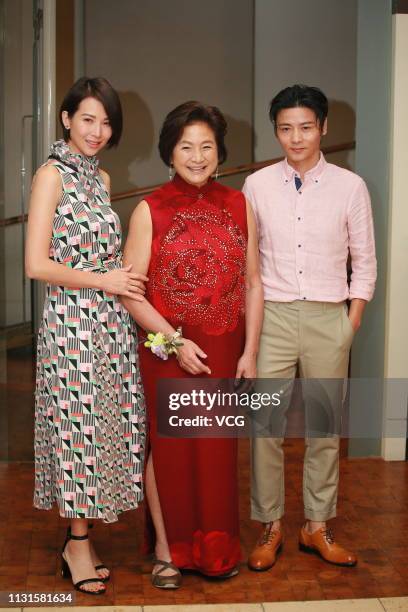 Actress Ada Choi, actress Cheng Pei-pei and Ada Choi's husband Max Zhang attend actress Marsha Yuen's wedding on February 22, 2019 in Hong Kong,...