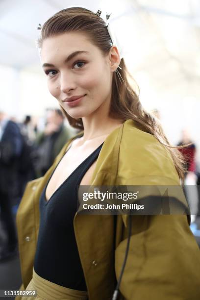 Grace Elizabeth is seen backstage ahead of the Roberto Cavalli show at Milan Fashion Week Autumn/Winter 2019/20 on February 23, 2019 in Milan, Italy.