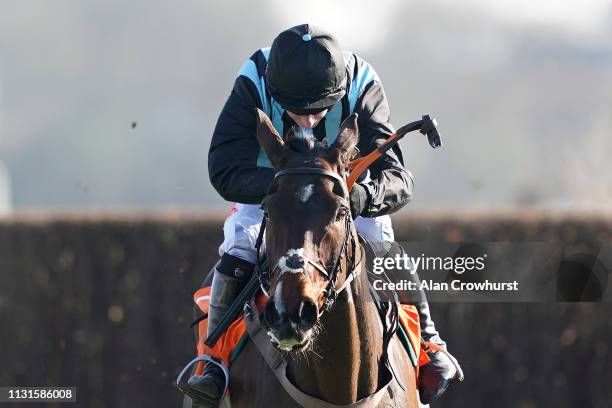 Noel Fehily riding Bags Groove clear the last to win The 888Sport Pendil Novices' Chase at Kempton Park Racecourse on February 23, 2019 in Sunbury,...