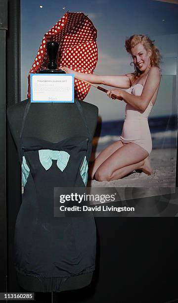 Costume swimsuit worn by actress Marilyn Monroe is displayed at Julien's Auctions Beverly Hills press preview on April 25, 2011 in Beverly Hills,...