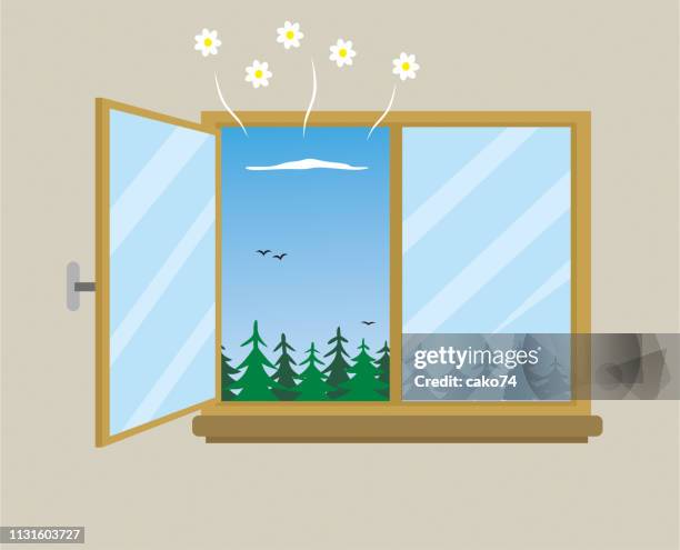 stockillustraties, clipart, cartoons en iconen met open raam en frisse lucht - window