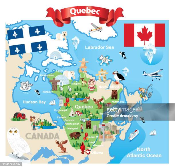 cartoon map of quebec - quebec map stock illustrations