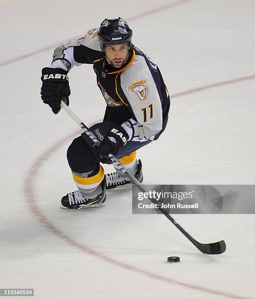 David Legwand of the Nashville Predators skates against the Anaheim Ducks in Game Four of the Western Conference Quarterfinals during the 2011 NHL...