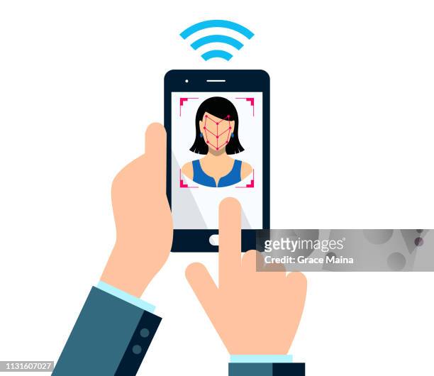 smartphone bio-metrics of a woman, face detection, recognition and identification - pin eingabe stock-grafiken, -clipart, -cartoons und -symbole