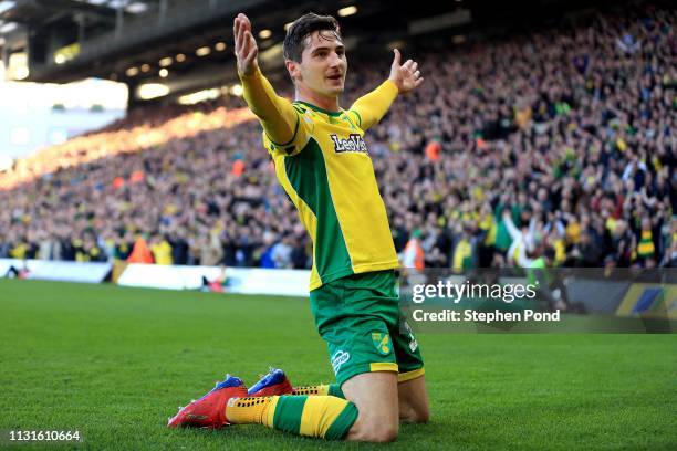 Kenny McLean of Norwich City celebrates scoring his second goal of the game during the Sky Bet Championship match between Norwich City and Bristol...