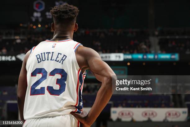 Jimmy Butler of the Philadelphia 76ers seen on court during the game against the Charlotte Hornets on March 19, 2019 at Spectrum Center in Charlotte,...