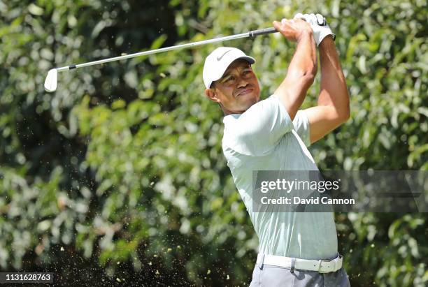 Tiger Woods of the United States plays his shot from the second tee during the third round of World Golf Championships-Mexico Championship at Club de...