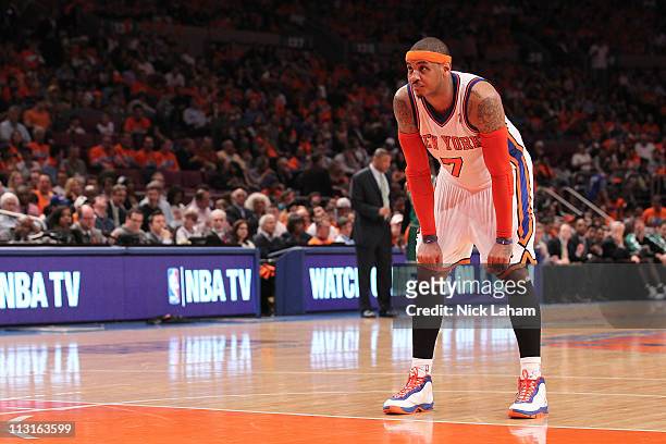 Carmelo Anthony of the New York Knicks looks on against the Boston Celtics in Game Four of the Eastern Conference Quarterfinals during the 2011 NBA...