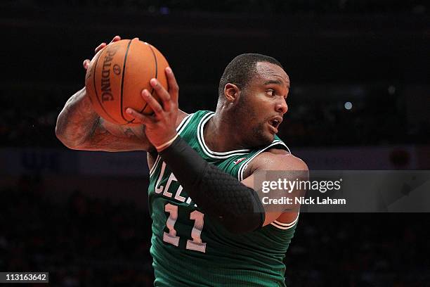 Glen Davis of the Boston Celtics controls a rebound against the New York Knicks in Game Four of the Eastern Conference Quarterfinals during the 2011...