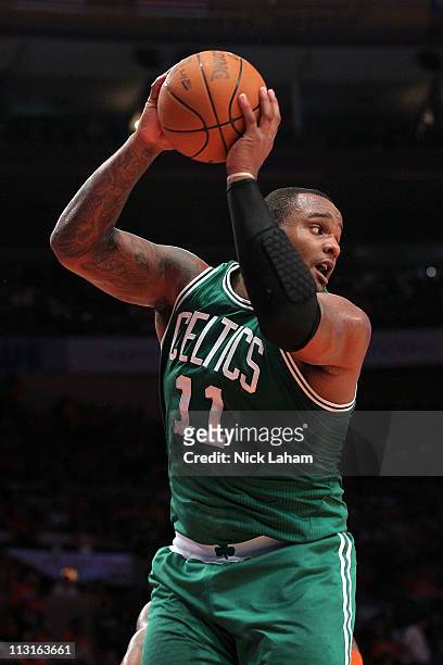 Glen Davis of the Boston Celtics controls a rebound against the New York Knicks in Game Four of the Eastern Conference Quarterfinals during the 2011...