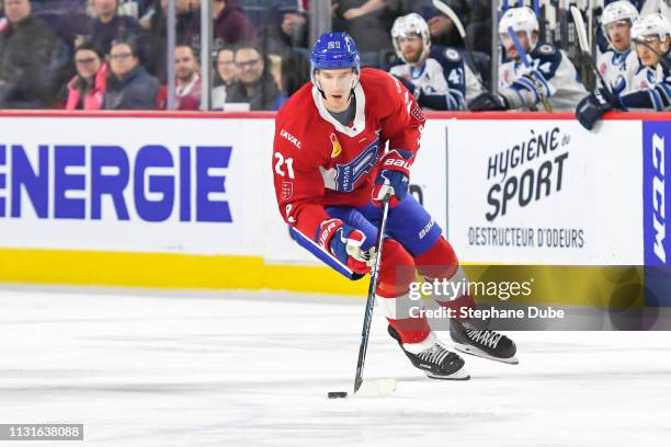 Dale Weise of the Laval Rocket in control of the puck against the Manitoba Moose at Place Bell on February 22, 2019 in Laval, Quebec.