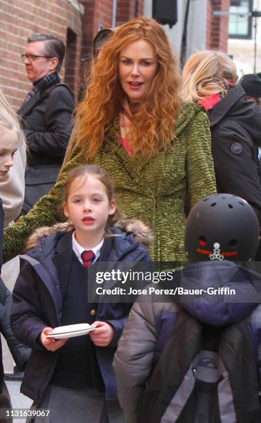 Nicole Kidman is with daughters Sunday Rose Kidman Urban and Faith Margaret Kidman Urban after filming scenes of her new film "The Undoing" on March...