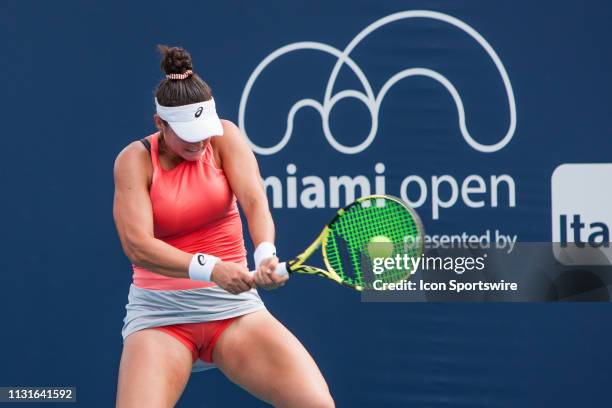 Caroline Dolehide in action during the Miami Open on March 18, 2019 at Hard Rock Stadium in Miami Gardens, FL.