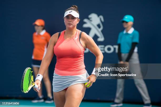 Caroline Dolehide in action during the Miami Open on March 18, 2019 at Hard Rock Stadium in Miami Gardens, FL.