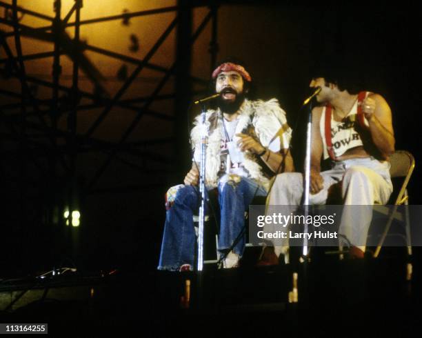 Tommy Chong and Cheech Marin of the comedy duo "Cheech and Chong" performing at the Los Angeles Coliseum in California on April 7, 1979.