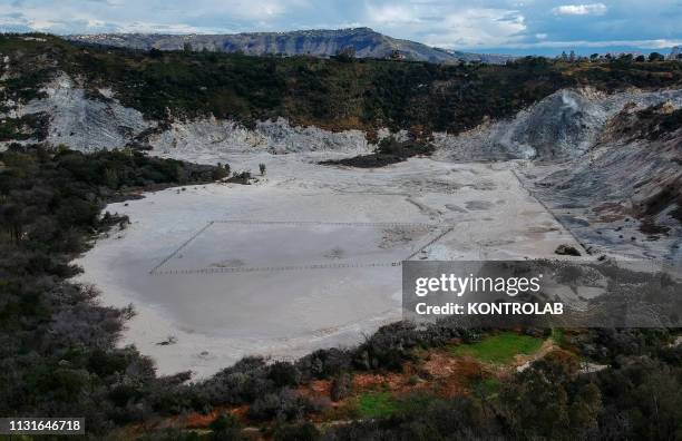 View of the Solfatara crater, part of the Campi Flegrei Volcano in Pozzuoli, the biggest caldera of southern Italy, Campania region.