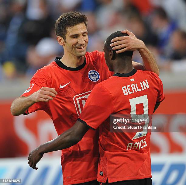 Adrian Ramos of Berlin celebrates scoring his goal with Andre Mijatovic during the Second Bundesliga match between MSV Duisburg and Hertha BSC Berlin...