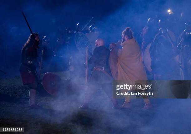 Re-enactors representing the rival armies of the Vikings and Anglo-Saxons meet in the battle finale during the Jorvik Viking Festival on February 23,...
