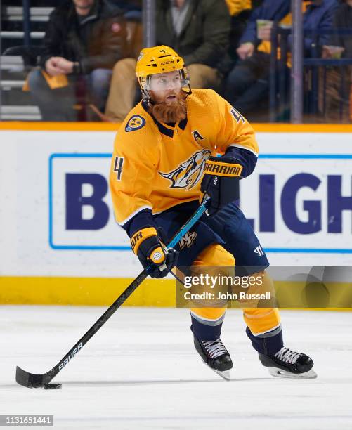 Ryan Ellis of the Nashville Predators skates against the Los Angeles Kings at Bridgestone Arena on February 21, 2019 in Nashville, Tennessee.