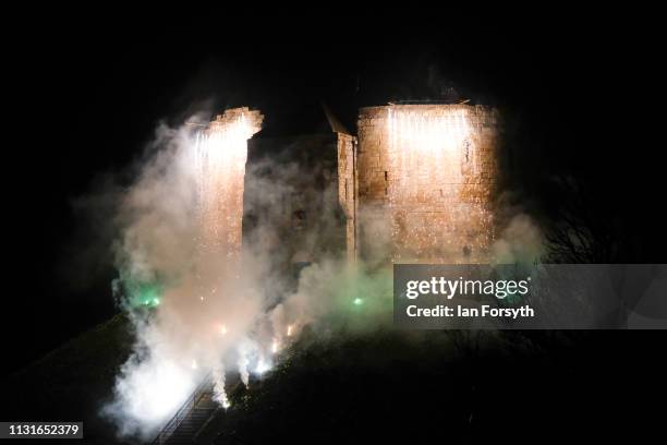 Fireworks explode over Clifford’s Tower during the battle finale at the Jorvik Viking Festival on February 23, 2019 in York, England. The annual...