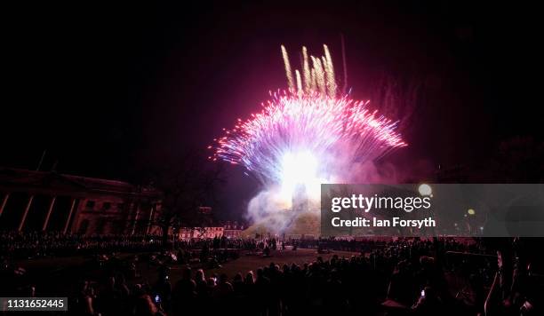 Fireworks explode over Clifford’s Tower during the battle finale at the Jorvik Viking Festival on February 23, 2019 in York, England. The annual...