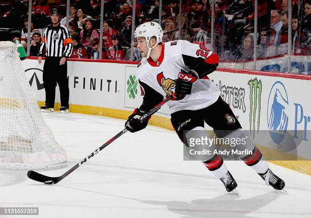 Cody Goloubef of the Ottawa Senators skates against the New Jersey Devils during the game at Prudential Center on February 21, 2019 in Newark, New...