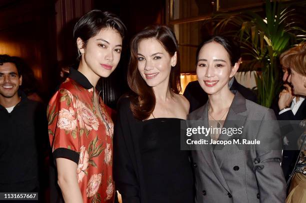 Hikari Mori, Michelle Monaghan and Ning Chang attend Salvatore Ferragamo Dinner Party during Milan Fashion Week Autumn/Winter 2019/20 on February 23,...