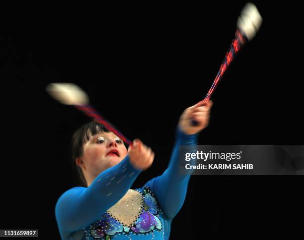 Alison Mackenzie of Great Britain competes in rhythmic gymnastics during the Special Olympics World Games in Abu Dhabi, United Arab Emirates, on...