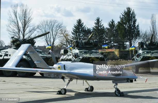 Bayraktar TB2 UAVs is seen during the test flight at the military base located in Hmelnitski, Ukraine on March 20, 2019. Bayraktar TB2 has been used...