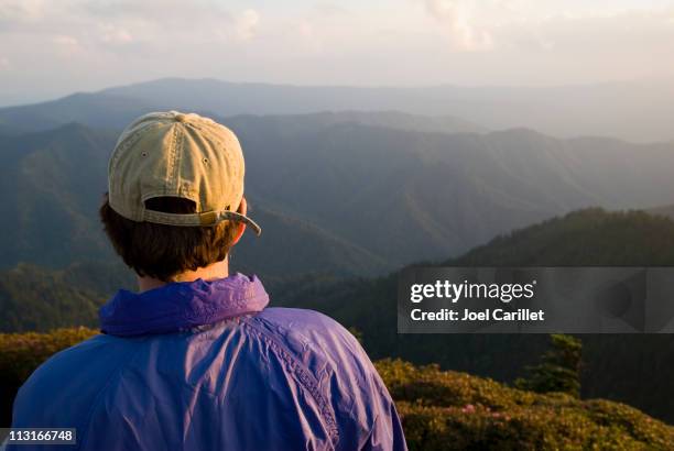 man with aspirations looking at mountains - baseball cap stock pictures, royalty-free photos & images