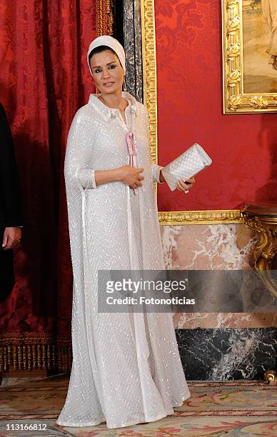 Sheikha Mozah Bint Nasser attend the Gala Dinner in honour of the Emir of the State of Qatar and Sheikha Mozah Bint Nasser at The Royal Palace on...