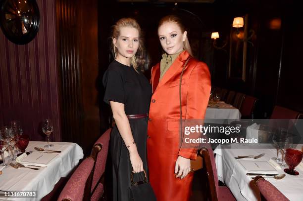 Lottie Moss and Abigail Cowen attend Salvatore Ferragamo Dinner Party during Milan Fashion Week Autumn/Winter 2019/20 on February 23, 2019 in Milan,...