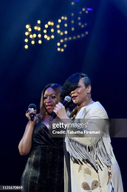 Angie Greaves and Gabrielle on stage during Magic Soul Live at Eventim Apollo, Hammersmith on February 23, 2019 in London, England.